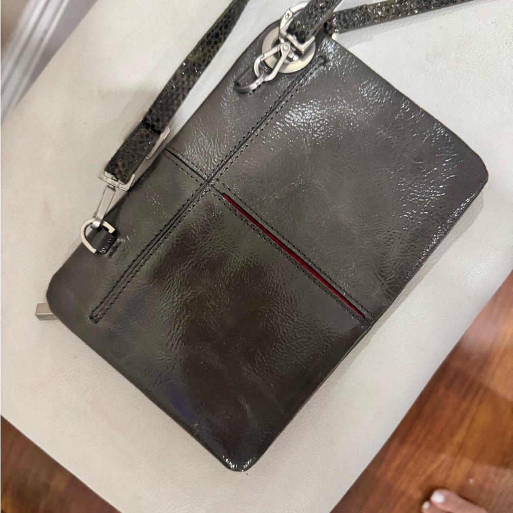 Hammitt Mini Crossbody in Dark Gray/snake skin strap with nickel accents. - Picture 3 of 5